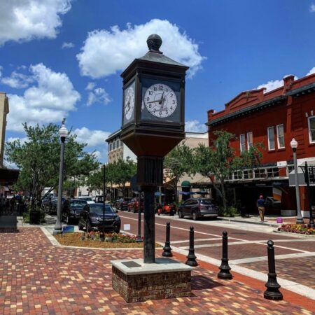 iconic clock tower located in the center of historic downtown Sanford, Florida