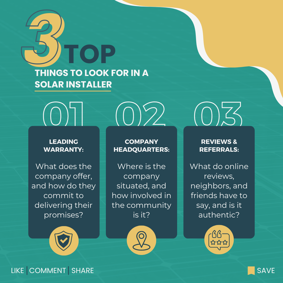 infographic highlighting the top 3 things to consider when comparing solar partners: Solar Warranty, Headquarters Location, and Reviews.