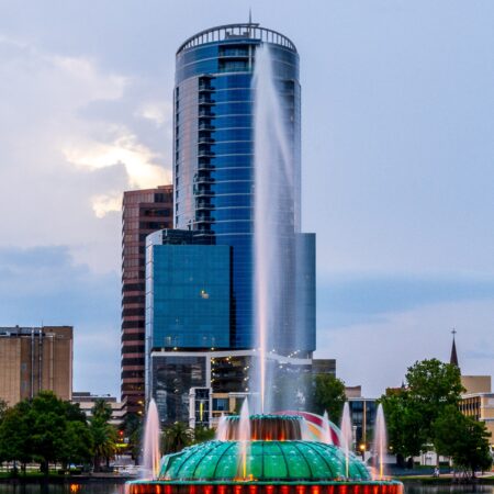 close up of the famous fountain in the middle of Lake Eola in downtown Orlando, Florida