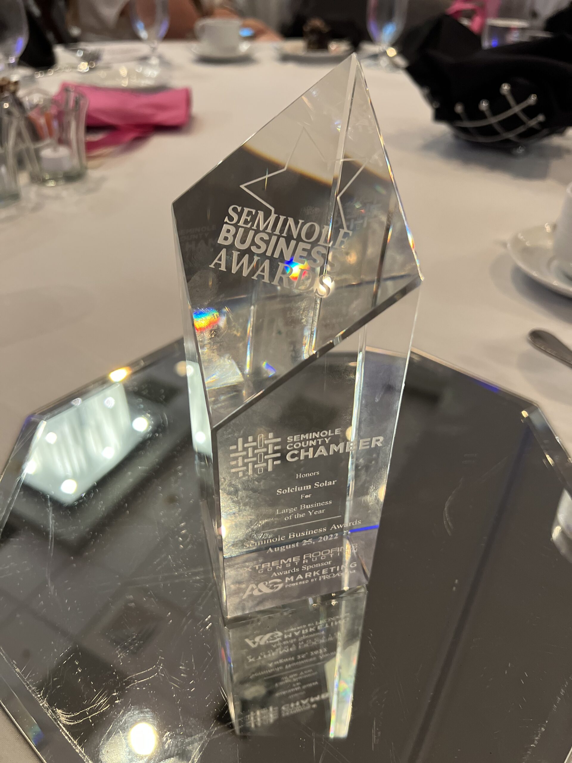 Crystal Trophy honoring Solcium Solar for "2022 Large Business of the Year" presented by the Seminole County Chamber of Commerce.