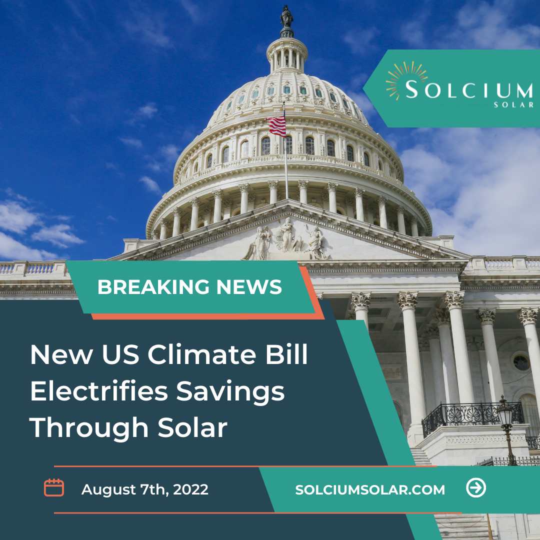 US Capitol Building with the breaking news headline "New US Climate Bill Electrifies Savings Through Solar" written on top of it