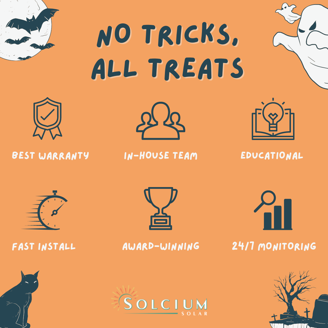 No tricks, All Treats infographic featuring Solcium Solar's best attributes