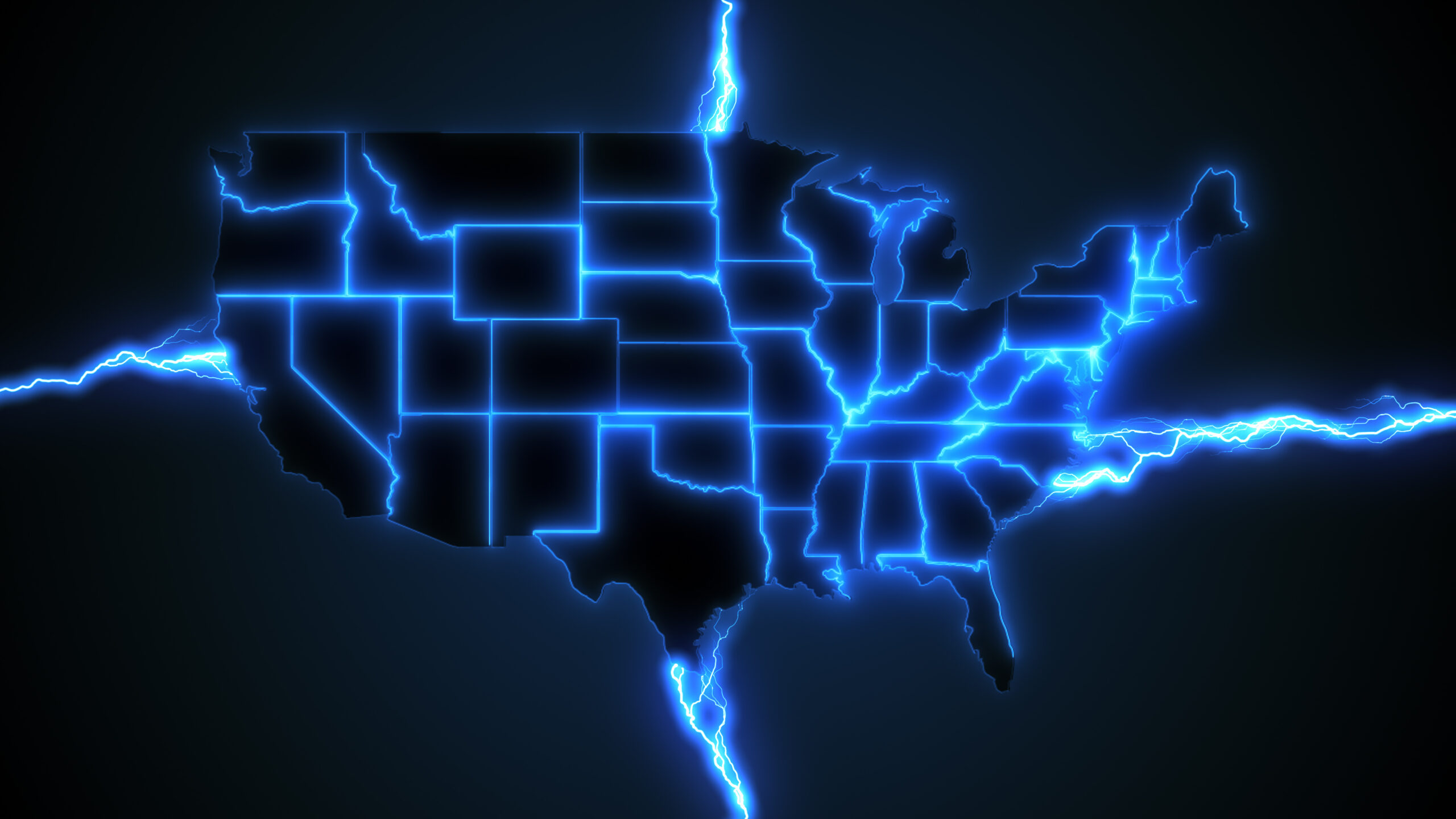 Black Map of the United States of America with blue electricity bolts running through it