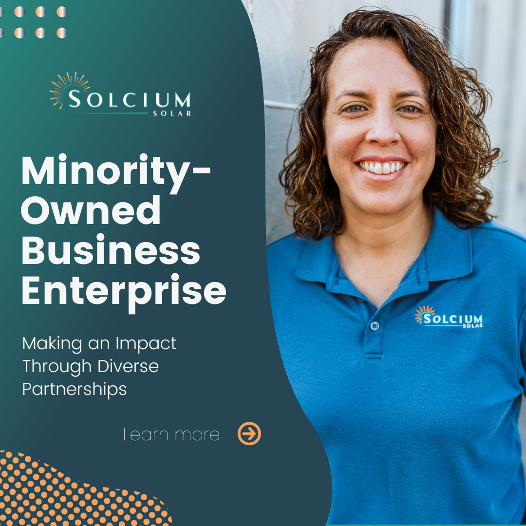 Michelle Solano, Solcium Solar owner, standing next to a minority-owned business enterprise graphic