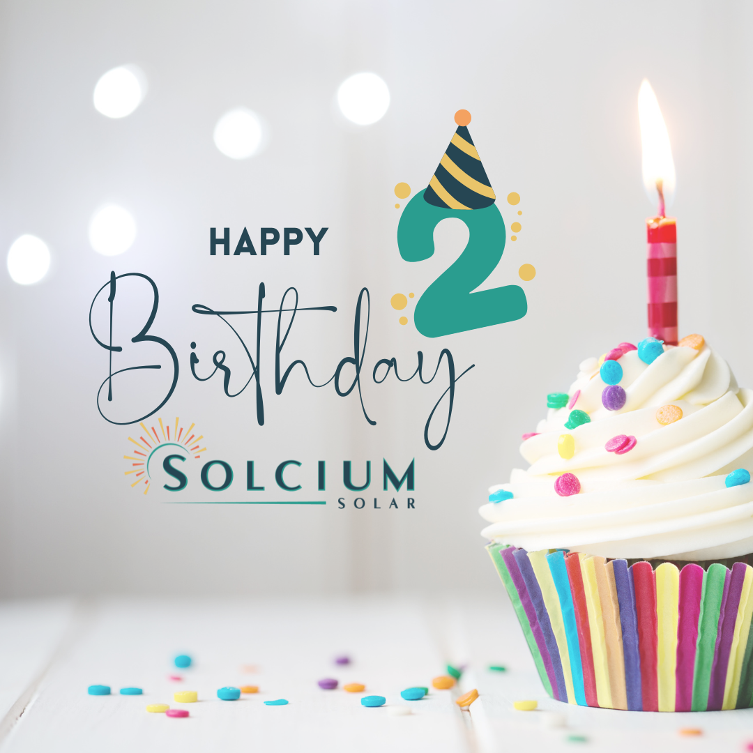 happy birthday graphic with a cupcake because Solcium turns two.