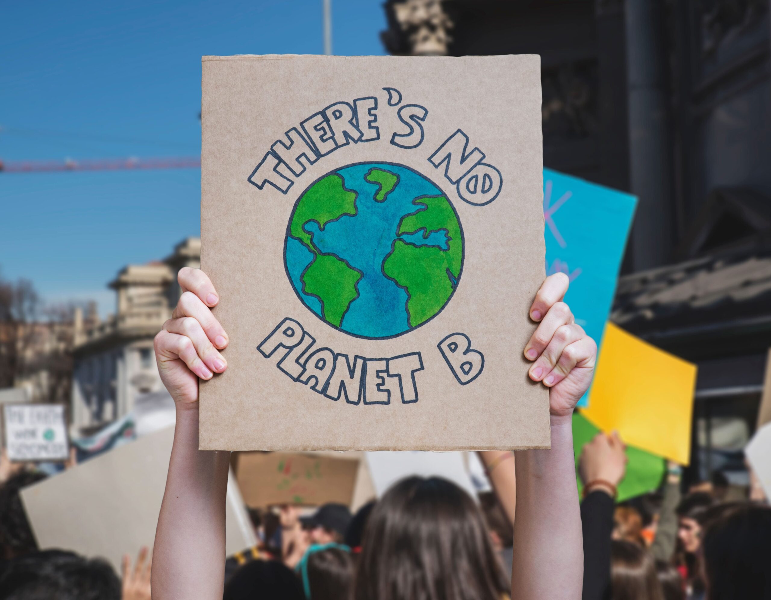 protestor holding up a cardboard sign advocating for renewable energy that reads "there's no planet B"