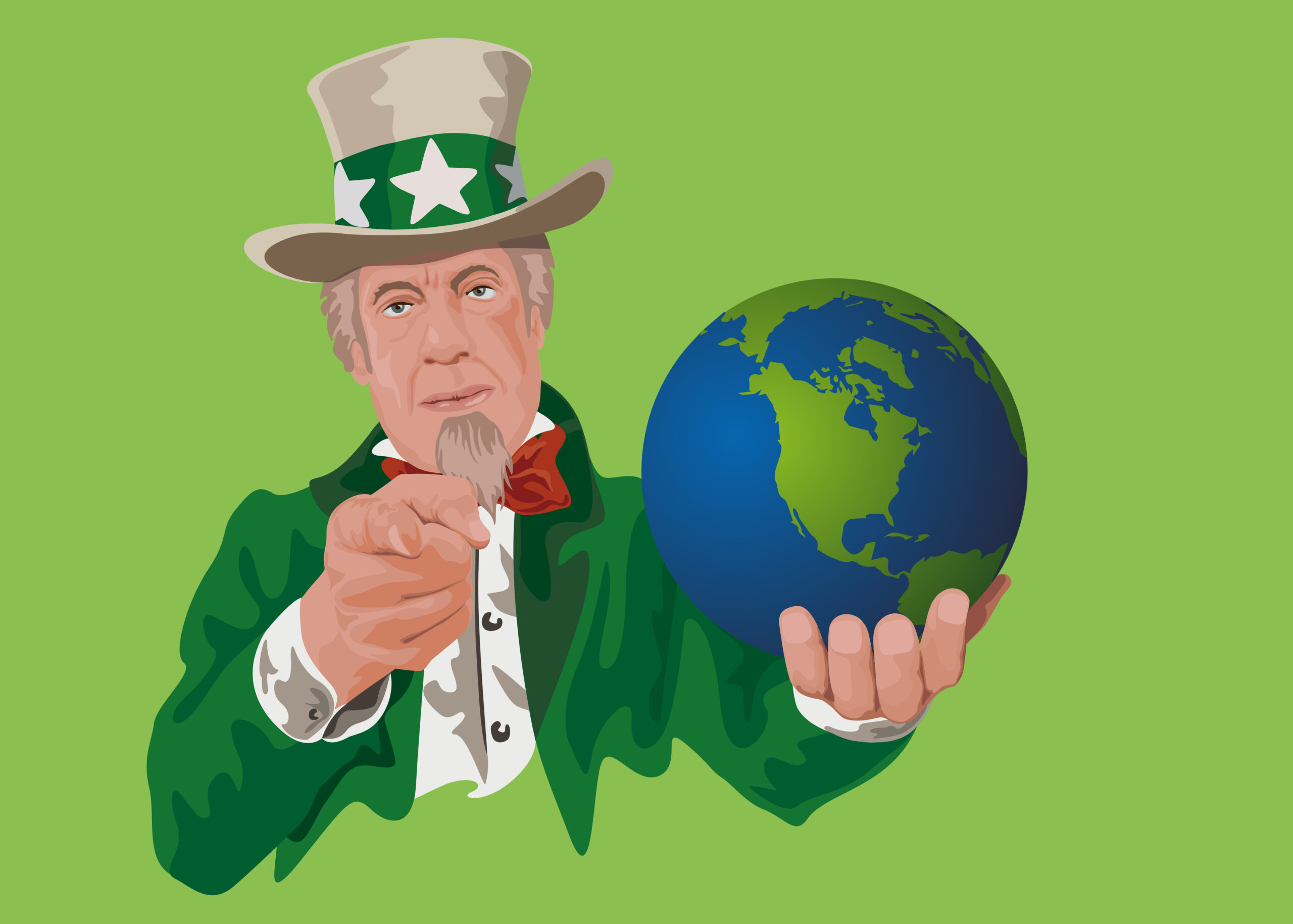 Uncle Sam wearing a green outfit holding the earth in his hands to represent going green.