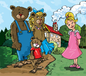 Cartoon of Goldilocks and the three bears infront of the bears house