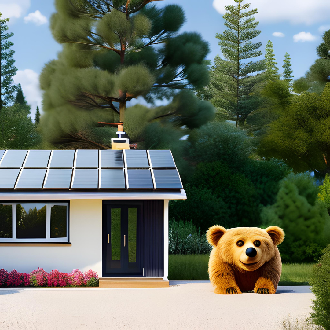 image of a light-brown bear standing outside a home with a black solar system on the roof.