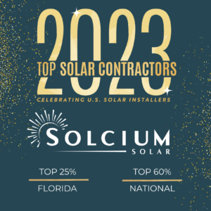 Blue certificate with gold confetti announcing Solcium Solar as a 2023 Top Solar Contractor