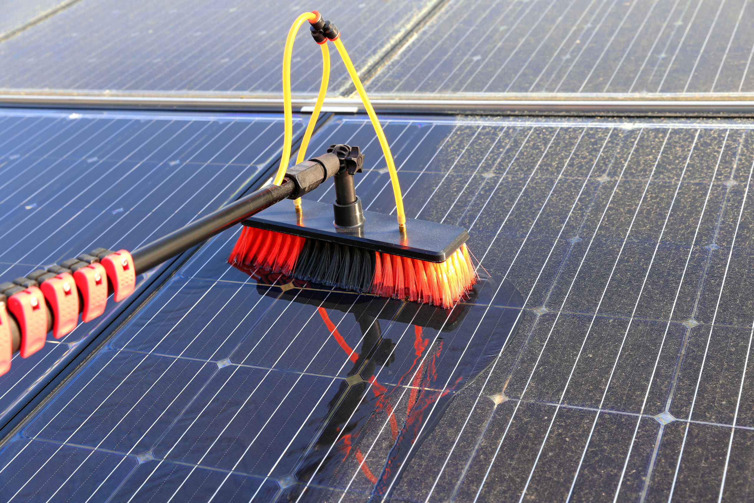 A brush with water glides across an array of solar panels as it gently cleans off the debris and pollen that is visible on some of the panels.