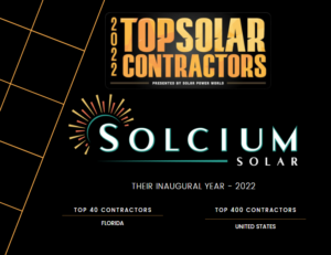 Award certificate for Solcium Solar who has been awarded as a 2022 Top Solar Contractor from Solar Power World