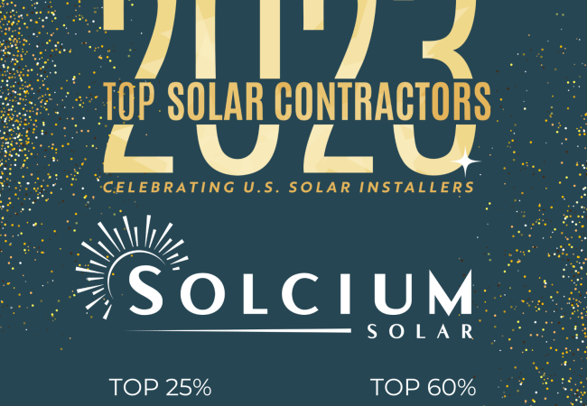 Blue certificate with gold confetti announcing Solcium Solar as a 2023 Top Solar Contractor