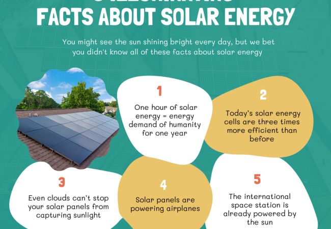 infographic listing 5 different solar energy facts in a variety of geometric shapes and colors