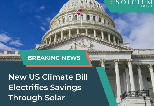 US Capitol Building with the breaking news headline "New US Climate Bill Electrifies Savings Through Solar" written on top of it