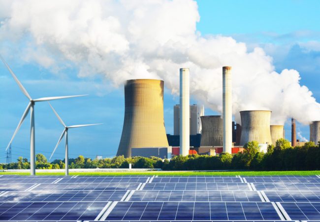 Image of a coal and fossil fuel plant in the distance with solar panels and windmills in front of them to represent conventional energy sources versus renewable energy sources.