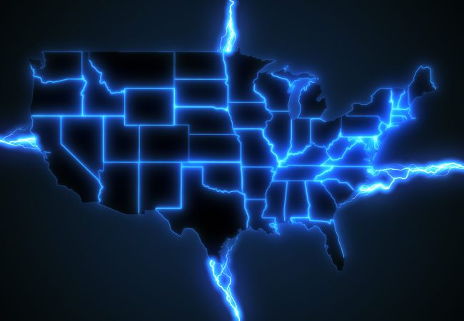 Black Map of the United States of America with blue electricity bolts running through it