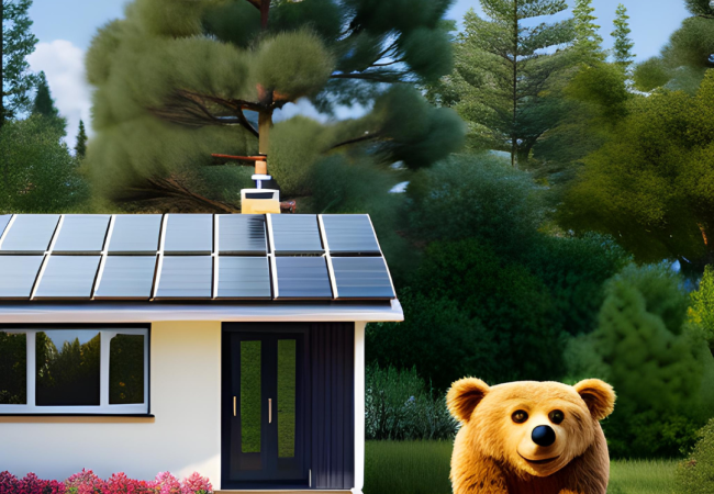 image of a light-brown bear standing outside a home with a black solar system on the roof.