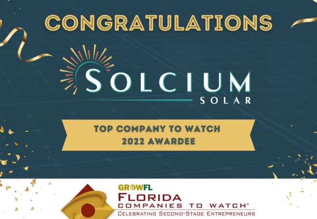 Solcium Solar's certificate for being awarded GrowFl's Top Company to Watch 2022