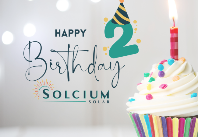 happy birthday graphic with a cupcake because Solcium turns two.