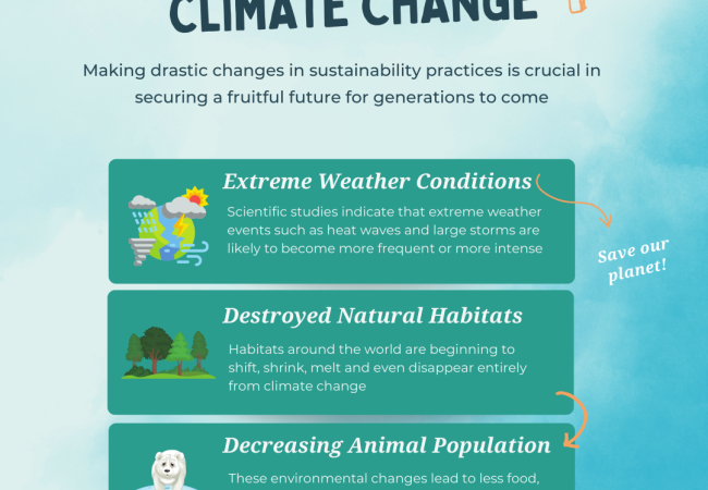 Infographic outlining the "impacts of climate change" including extreme weather conditions, destroyed natural habitats, and decreasing animal population