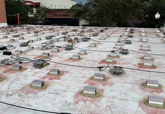 Innovative Solar Stack product on the cement rooftop of Celery City, a local brewery in downtown Sanford, Florida