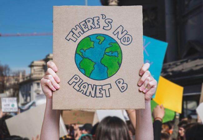 protestor holding up a cardboard sign advocating for renewable energy that reads "there's no planet B"