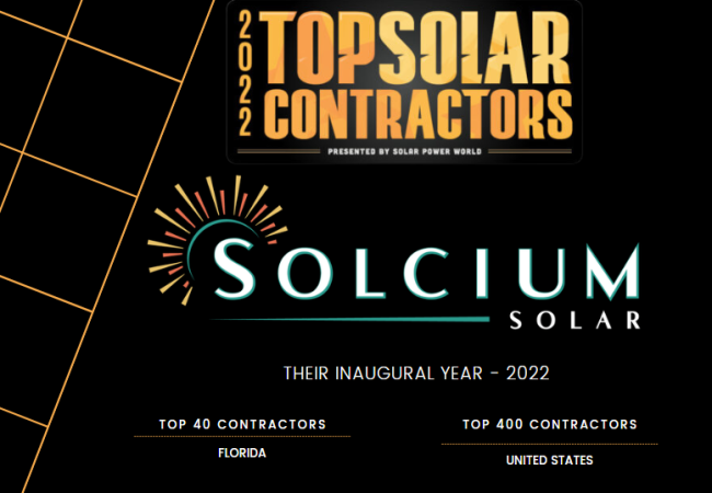 Award certificate for Solcium Solar who has been awarded as a 2022 Top Solar Contractor from Solar Power World