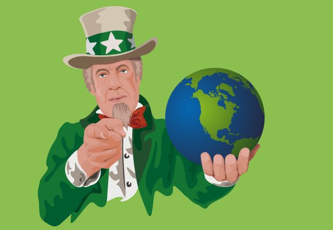 Uncle Sam wearing a green outfit holding the earth in his hands to represent going green.