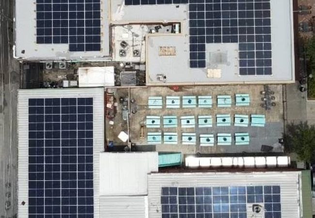 Solar panels on the roof of The West End in Historic Downtown Sanford, Florida.