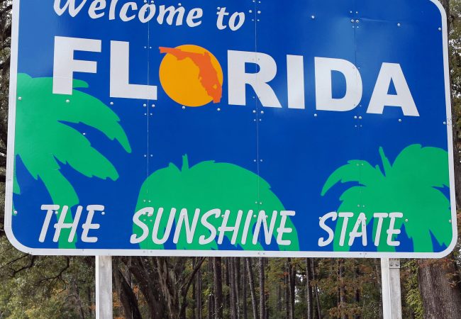 blue sign with palm trees on it that reads "Welcome to Florida, The Sunshine State"